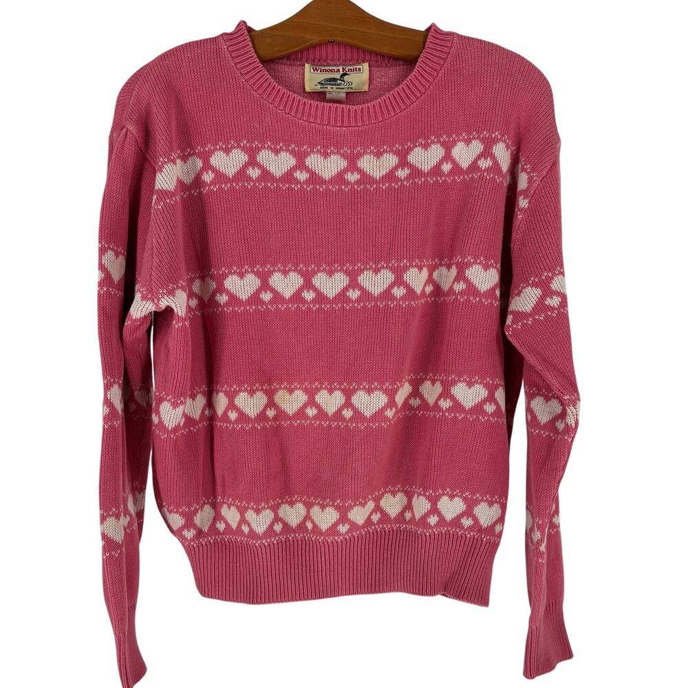 Vintage Pink Knit Sweater Heart Pattern Size L Winona Knits Made in USA, Cottage